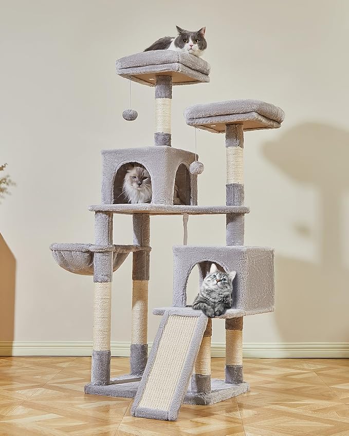 Taoqimiao 56.3-Inch Cat Tree, Cat Tower with Scratching Posts, Cat Tree House for Indoor Cats with hammocks, Toys, Condo and Large Scratch Board, Light Gray MS012W