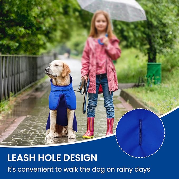 BRKURLEG Dog Raincoat Adjustable Dog Rain Jacket with Hood Dogs Waterproof Rainproof Jacket with Leash Hole Pet Poncho Rain Coat Poncho with Reflective Strip, Blue, XXL