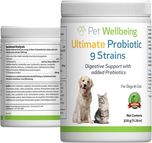 Pet Wellbeing Ultimate Probiotic 9 Strains for Dogs & Cats - Supports The Gut Microbiome and Digestion, Immune System Care, Urinary Tract Health, FOS, 2.5 Billion CFU - 11.29 oz (320 g) Powder