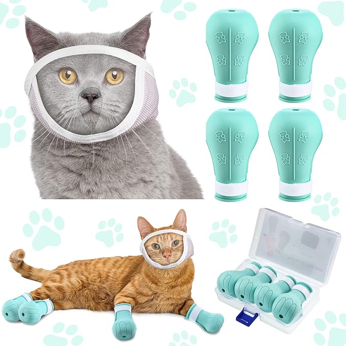 Hillban Cat Muzzle for Grooming with 4 Silicone Boots Breathable Transparent Face Guard Silicone Cat Claw Covers Anti Scratch Booties to Prevent Scratching Biting Bathing Trimming(Medium)