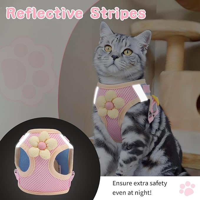 Cat Harness and Leash Set for Walking Escape Proof, Adjustable Kitten Harness Breathable Mesh with Reflective Strips Harness with Flower for Kitty Puppy Bunny Pink L