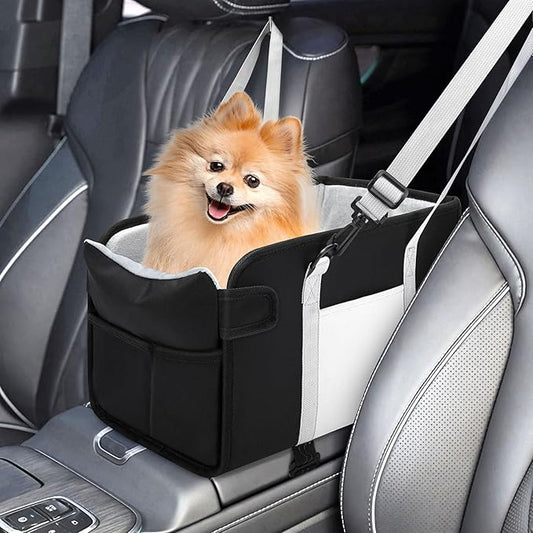 Portable Dog Car Seat for Small Dogs - Pet Booster Seat with Safety Leash, Adjustable Straps, Washable Cushion & Storage Pocket - Center Console Puppy Car Seat for Travel - Black