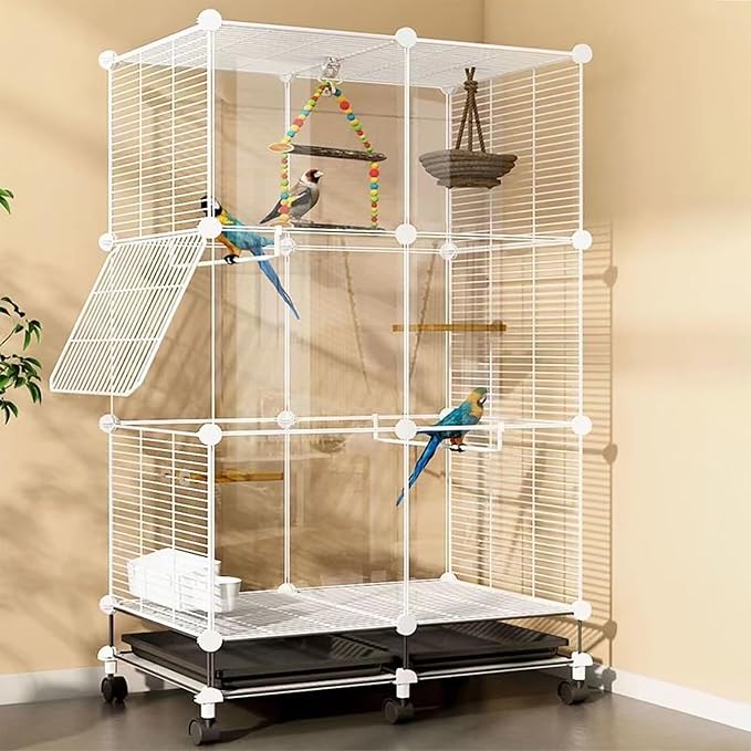 49" H Wrought Iron Bird Cage Parrot Cage, 3-Tier Movable Birdcage Parakeet Cage w/Wheels, 360° View Spacious Interactive Bird House Pet Bird Flight Cage for Medium&Small Birds (Transparent)
