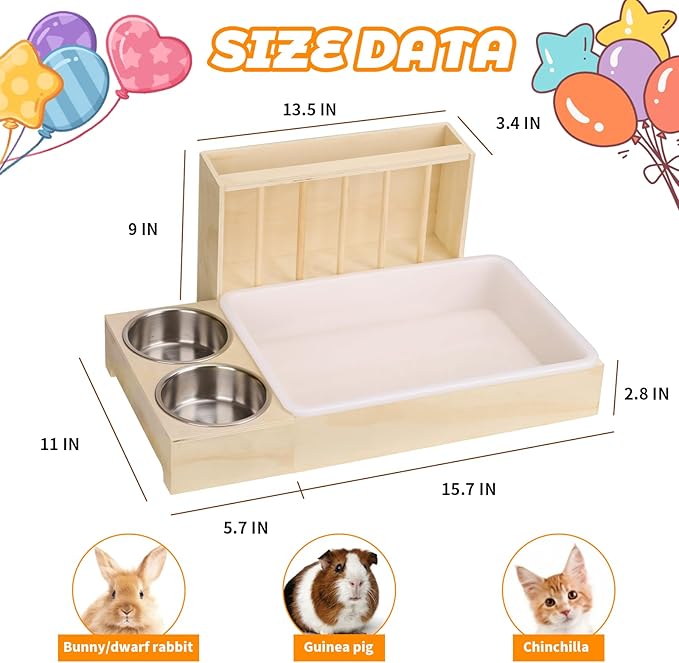3 in 1 Rabbit Litter Box with Hay Feeder and Bowls - Wooden Rabbit Hay Feeder for Guinea Pig, Hamster, Small Animals