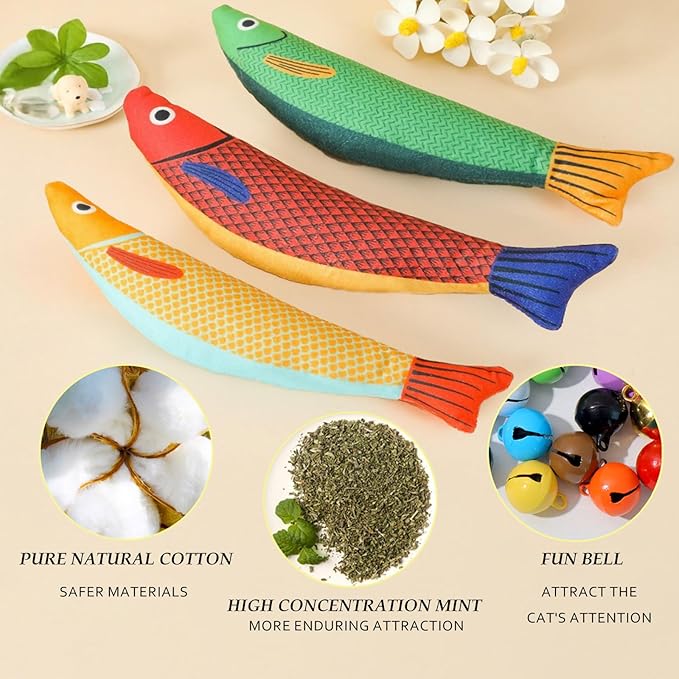 Cat Toys for Indoor Cats 9pcs Saury Fish Toy Catnip Toys Cats Interactive Toys Kitten Dental Gifts Cat Kicker Grass Stick Kitty Chew Plush with Bells