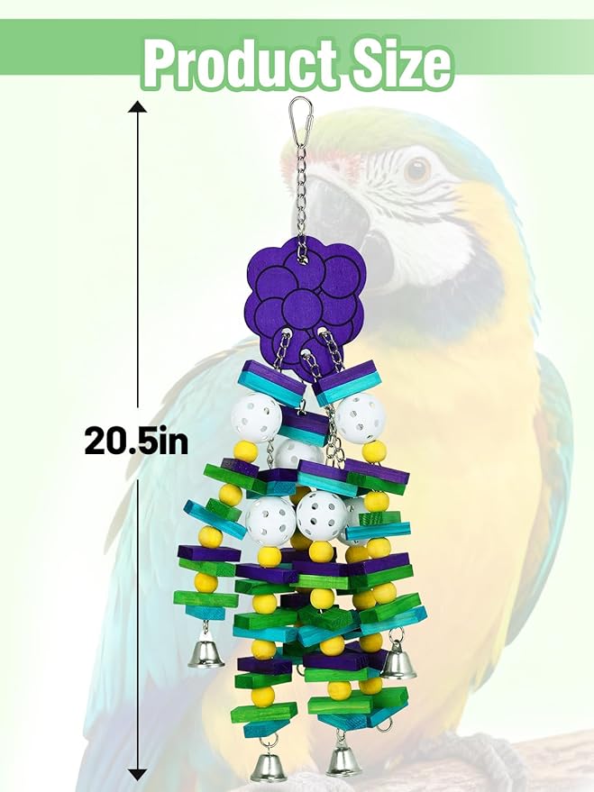Large Bird Parrot Toys with Bells- Parrots Cage Chewing Toy Gift with Colorful Wood Blocks Beads- Bird Parrot Chewing Sticks Toys for Cockatoos African Grey Macaws and Amazon Parrots(Grape Style)