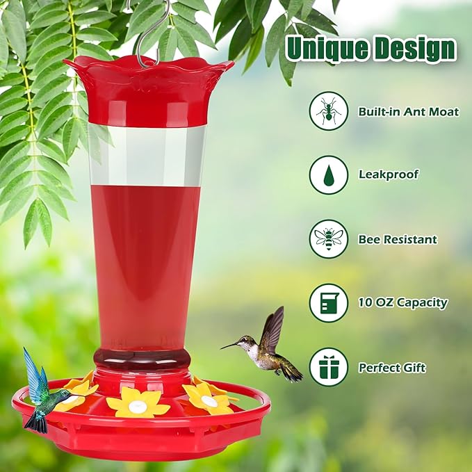 FEED GARDEN 10oz Plastic Hummingbird Feeders for Outdoors - 2 Pack, Ant & Bee Proof, 6 Feeding Ports, Easy Clean Red Nectar Feeders for Outside Hanging, Gifts for Mom