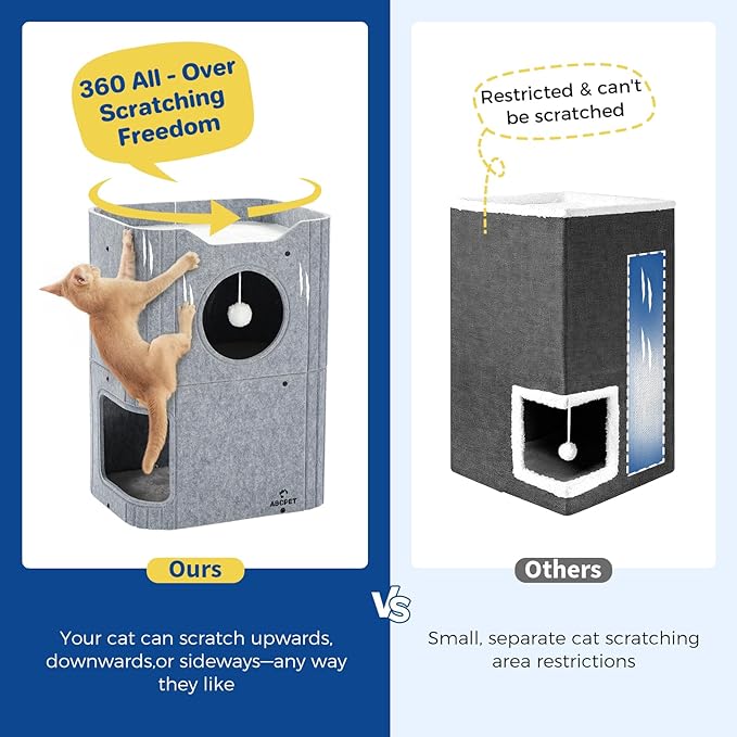 Cat House for Indoor Cats Large Cat Bed Cave 2-Storey Cats Condo with Cozy Felt Covered Hideaway for Multiple Pets Gray