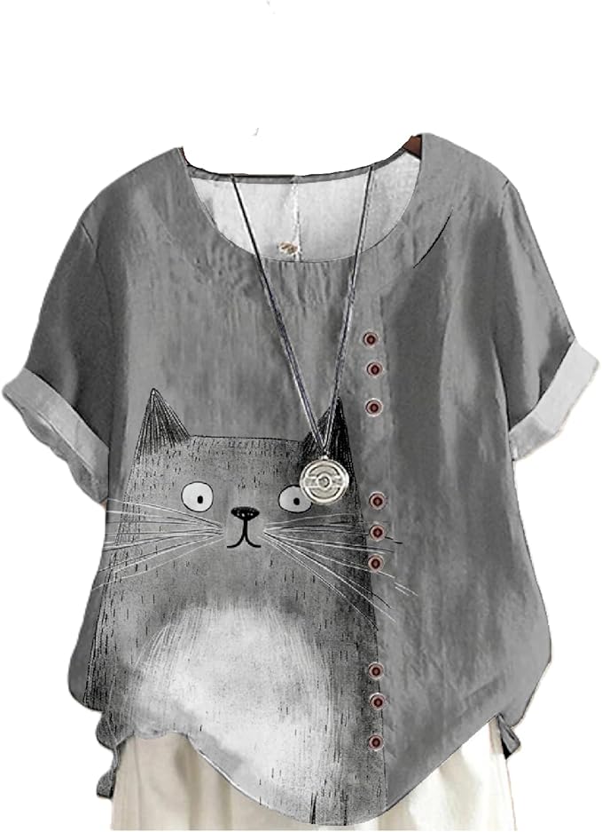 Japanese Print Women Summer Shirts Flower Bird Graphic Plus Size Tunic Tops Crewneck Short Sleeve Blouses