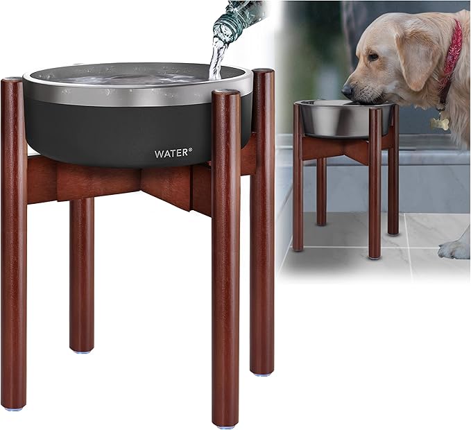 Stand for Dog Water/Food Bowl, Fountain Dishes and Feeders - Makes 14-inch High, Ideal for Large Breeds - Adjustable Sideways with Lock, Dark Wood - Bowls Not Included