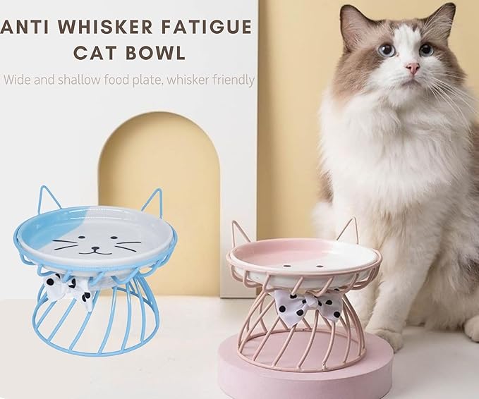 2PCS Ceramic Shallow Cat Food Dishes with Non-Slip Mat, Elevated Cat Food Bowl with Raised Metal Stand, Small Dog Bowl, Whisker Fatigue Pet Food Plate, Dishwasher Safe