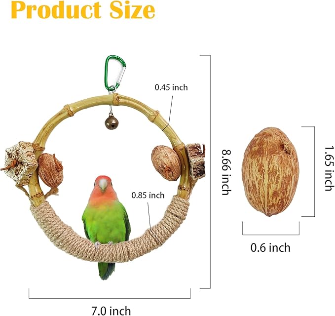 Circle Bird Swing with Bell,Bamboo Parakeet Rope Perches for Cage Ring Bird Swings Chewings Nuts Toys for Parrots Cockatiels Lovebirds Budgie