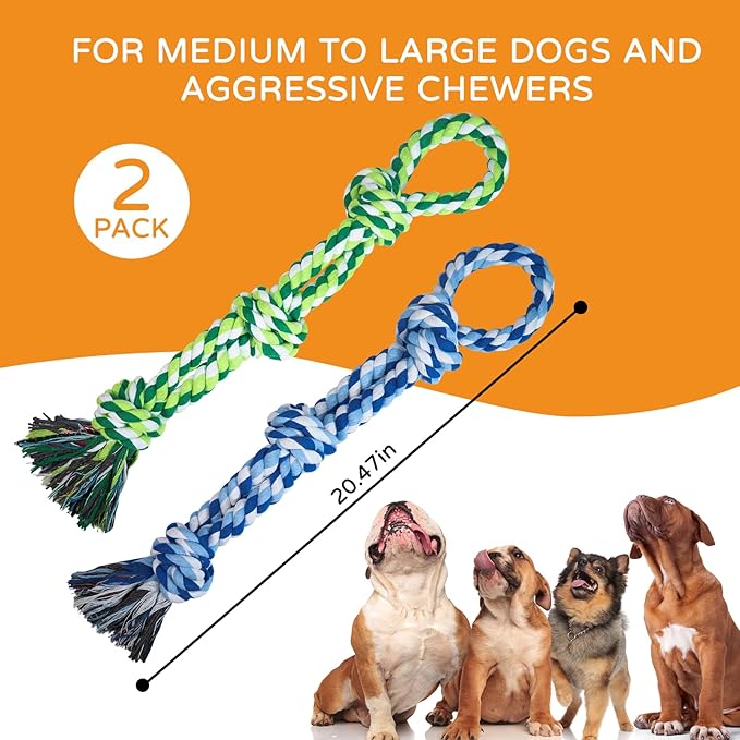 2 Pack Dog Rope Toys for Medium Large Breed, Nearly Indestructible Dog Chew Toys for Aggressive Chewers, Teeth Cleaning Chew Toys, Dog Tug Toy for Boredom, Dog Rope Toy for Aggressive Chewers