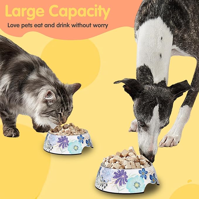 Pet Cats Dogs 2 in 1 Food Water Bowls - Non Slip Skid Proof Heavy Duty Pet Cats Dog Food Water Bowls for Feeding Drinking Small Medium Large Dogs Cats Puppies (Blue Flower, L:28 OZ)