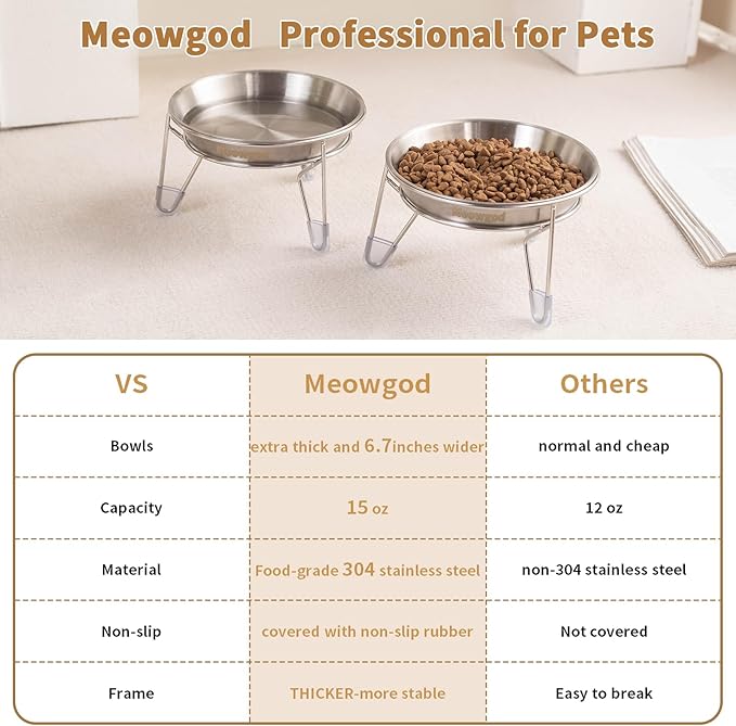 Elevated Cat Bowls,6.7" Extra Wide Raised Stainless Steel Cat Food Bowls with Anti-Slip Metal Stand Whisker Friendly Water Dishes for Indoor Cats and Small Dogs-1pack