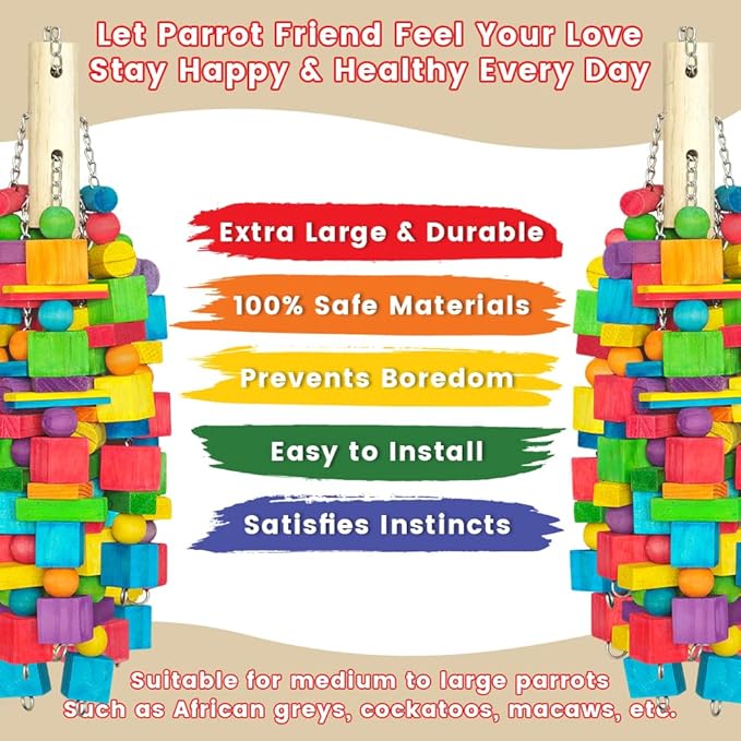 Extra Large Bird Toys - 21.6'' Heavy Duty Natural Parrot Toys for Chewing Foraging with SS Chain & Edible Colors for Medium to Large Parrots, Macaws, Cockatoos, African Grey, Cockatiel, Parakeet