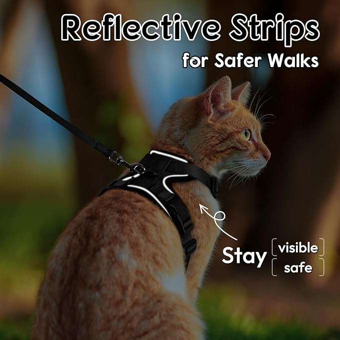 Dooradar Cat Harness and Leash Set, Escape Proof Safe Adjustable Kitten Vest Harnesses for Walking, Easy Control Soft Breathable Mesh Jacket with Reflective Strips for Cats, Black, M