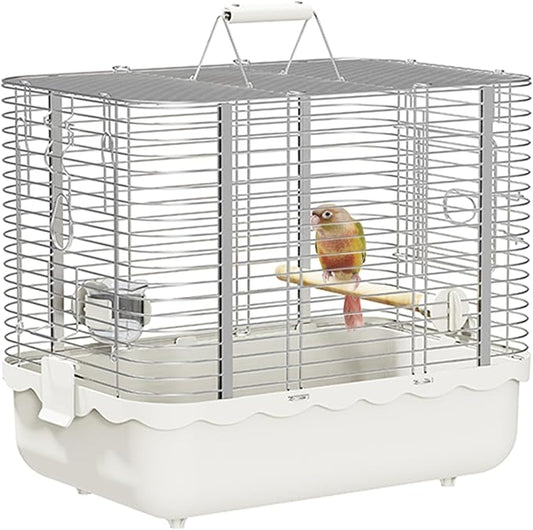Bird Carrier Travel Cage, Durable Portable Stainless Steel Birdcage with Bird Perch & Feeding Bowl for Parrots Canaries Budgies Lovebirds Conures Cockatiels (Large White)