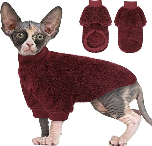 SUNFURA Sphynx Cat Sweater, Hairless Cats Turtleneck Pullover Kitten Sweaters for Cats Only, Warm and Soft Cat Pajamas Shirt with Sleeves Pet Winter Clothes Fleece Jumpsuit for Puppy, Burgundy S