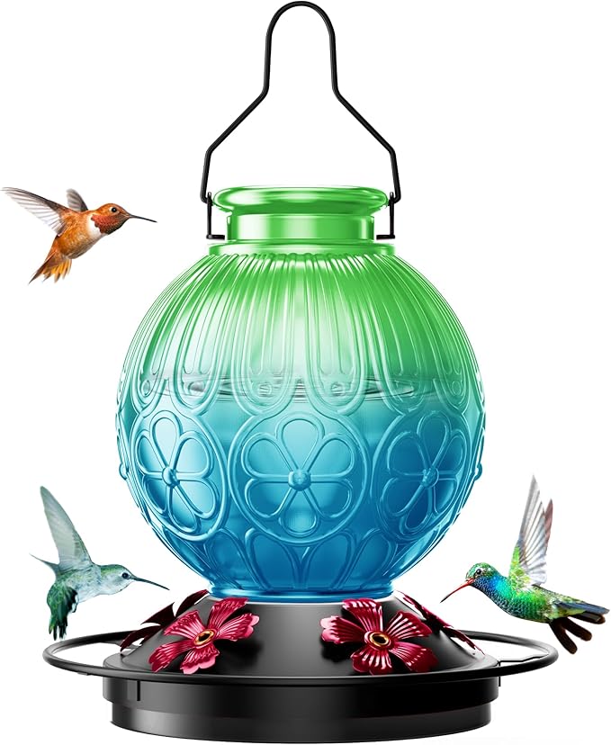 26Oz Hummingbird Feeder for Outdoors, Vintage Glass Bird Feeder with Perch, Durable & Easy to Clean, Hanging Nectar Feeder for Garden, Yard, Deck – Gift for Bird Lovers (Green)