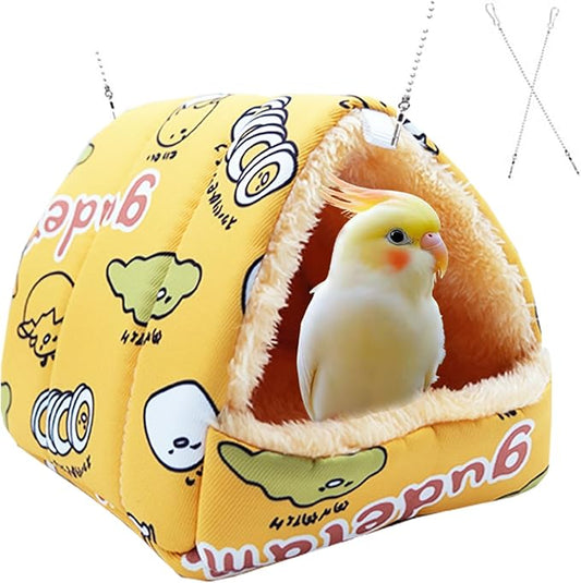 SUSOO Plush Warm Bird Nest House - Hanging Snuggle Bed Velvet Shed Hut Cage Fluffy Hideaway Winter Sleeping Hammock for Parrot Parakeet Conure Cockatiel Budgies Lovebird (Yellow, L)