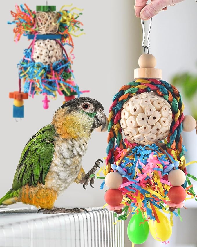 Bissap Conure Toys, 4 PCS Parrot Foraging Shredder Hanging Toys Sola Balls with Sand Hammer Perch Swing Climbing for Small Parrots Parakeets Conures Cockatiels Love Birds Cage Toy