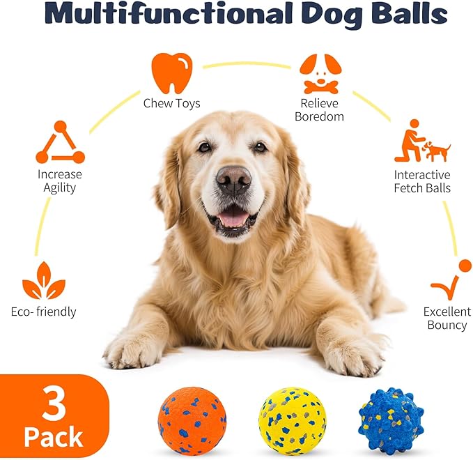HIPPIH Dog Balls Interactive Tennis Balls for Dogs, Dog Toys for Aggressive Chewers, Tough Puppy Chew Toys for Teething, 3" Fetch Ball Water Toy for Small/Medium Breed, High Bouncy & Floating, 3 Pack
