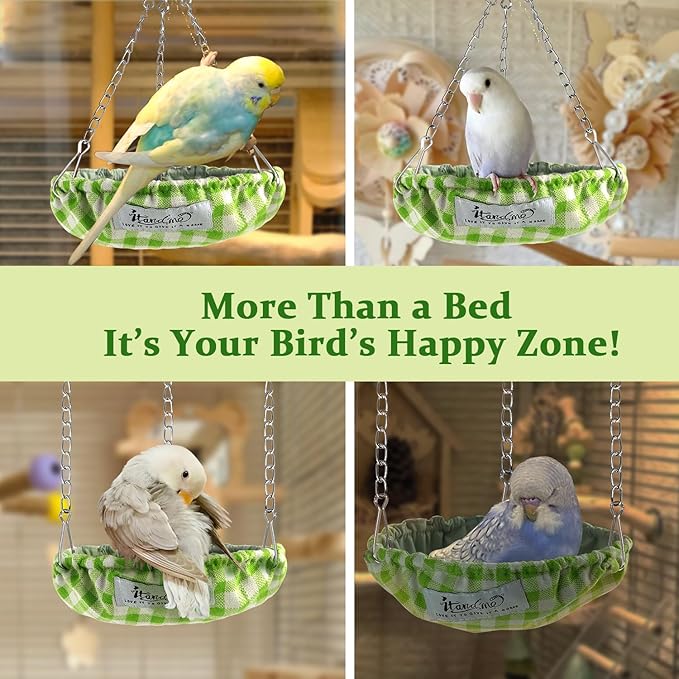 Waterproof Bird Bed with Adjustable Chain, Customizable Height Hanging Bird Hammock for Cage, Small Size Bird Nest with Durable Non-Collapsible Bottom, Bird Hut for Conures, Budgies (Green)