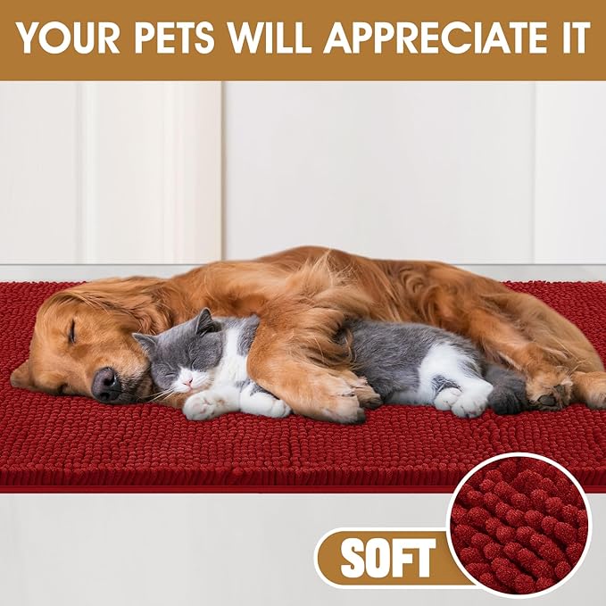 IM HOME Extra Large 60" x 36" Red Dog Door Mats for Muddy Paws, Chenille Absorbent Dog Mat, Non Slip Heavy Mud Mat for Dogs, Soft Pet Bed Mat for Entryway, Mud Paws, Inside Floor