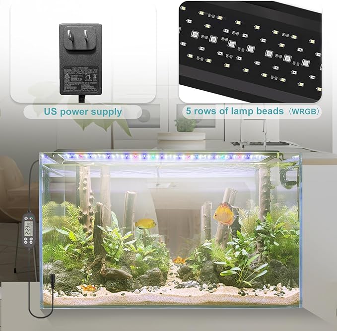 24/7 LED Aquarium Light, IP68 Waterproof Extendable Bracket Fish Tank Light with Timer, 7 Colors, 10 Level Adjustable Brightness, DIY Mode Full Spectrum Aquarium Plant Light for 24-30 Inch Fish Tank
