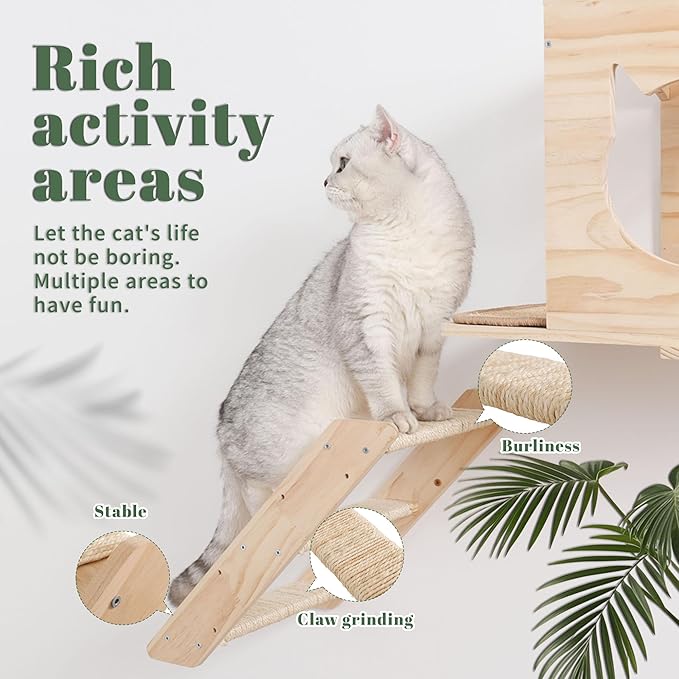KVIDA Cat Wall Shelves Set – 5PCS Extra-Large Wall Mounted Cat Furniture with 2 Platforms, Sisal Scratching Post & Cat House – Solid Wood Climbing Wall for Large Indoor Cats