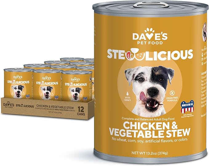 Dave's Pet Food Stewlicious Grain Free Wet Dog Food (Chicken & Vegetable in Gravy), Made in USA Naturally Healthy Canned, Gluten Free Topper, 13.2 oz (12 Pack)