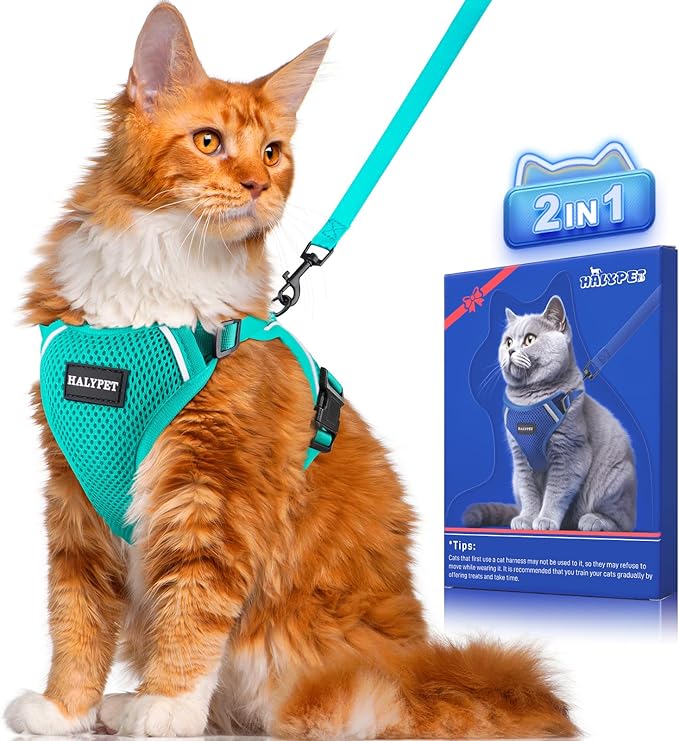 Halypet Cat Harness and Leash Set [ MAX Safety Third Generation ] Escape Proof Soft Adjustable Cat Leash Breathable Comfortable Vest Easy to Wear Kitten Harness for Outdoor Walking