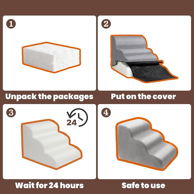 MEWANG Dog Stairs for Small & Medium Dogs and Old Cats –3/4/ 5 Steps High-Density Foam Pet Ramp for Bed & Couch, Non-Slip, Washable Cover, Grey (Round Corner, 4 Steps: 23.94''×18.27''×14.96'', 2)