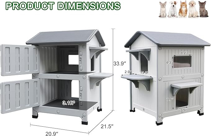 Rockever Plastic Insulated Outdoor Cat House with Escape Door, 2 Story Waterproof Cat House for Outdoor Cats for Feral Cats, Elevated Outside Cat Shelter, Clean and Assemble Easily