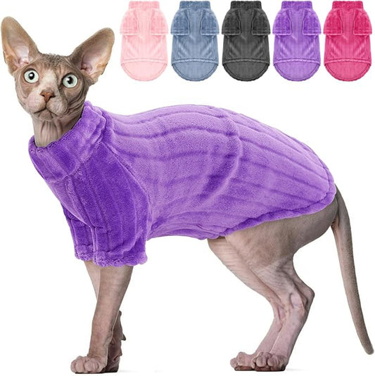 SUNFURA Sweaters for Cats, Hairless Sphynx Sweater Kitten Pullover with Sleeves, Warm and Soft Cat Pajamas Fleece Sweatshirt Jumpsuit, Turtleneck Clothes for Fall Winter, Purple S