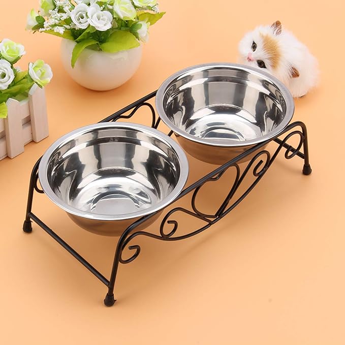 Elevated Dog Cat Bowls, Stainless Steel Double Dog Cat Food Water Bowls Feeder Dishes with Retro Iron Stand Pets Raised Double Dish Feeder Pet Bowls for Small Dogs and Cats