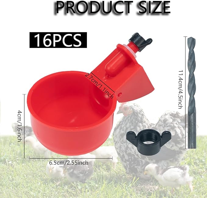 Pack of 16 Automatic Chicken Drinkers with Drill,Chicken Water Dispenser,Water Drinker,Poultry Drinker Set for Chickens, Ducks, Geese, Turkey, Pigeon TXZWJZ