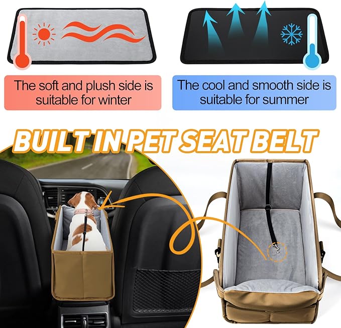 Portable Dog Car Seat for Small Dogs - Adjustable Safety Leash, Washable Cushion & Storage Pocket - Pet Booster Seat for Car Travel- Khaki