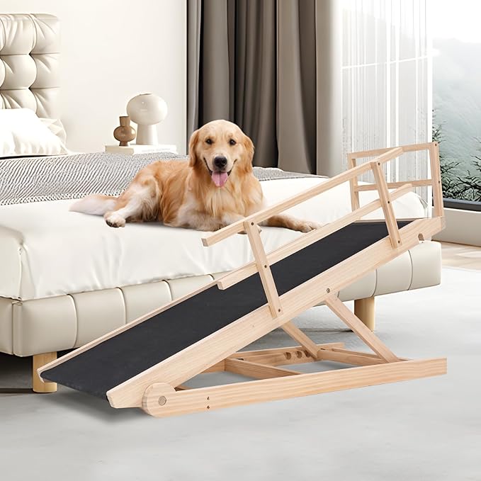 Folding Wooden Dog Ramp for Bed, Couch & Car,45IN Long- 5 Level Adjustable Pet Ramp, Non-Slip Rubber Mat, 17.7'' Extra Wide - Supports Small & Large Senior Dogs & Cats up to 200 lbs