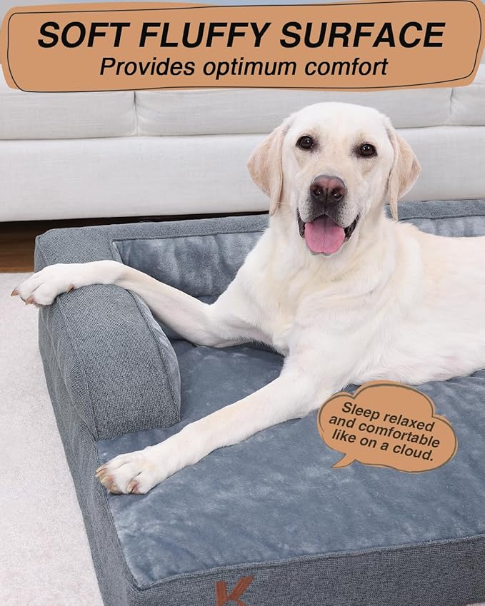 KSIIA Orthopedic Dog Bed for Extra Large Dog，Washable Pet Sofa with U-Shaped Bolster Removable Waterproof Cover Non-Slip Bottom and Egg-Crate Orthopedic Foam Pet Couch Bed, 53 x 36 Inch, Dark Gray