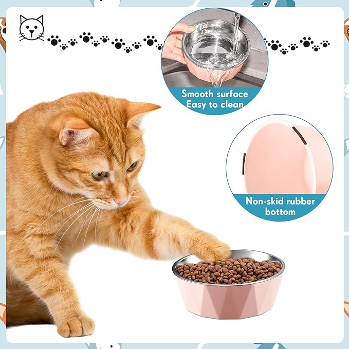 Lallisa 2 Pcs Elevated Cat Bowls Adjustable Raised Cat Feeder Non Slip Food Water with Stand Safe Stainless Steel Bowls with Pet Food Stand for Pets Feeding Eating(Pink)