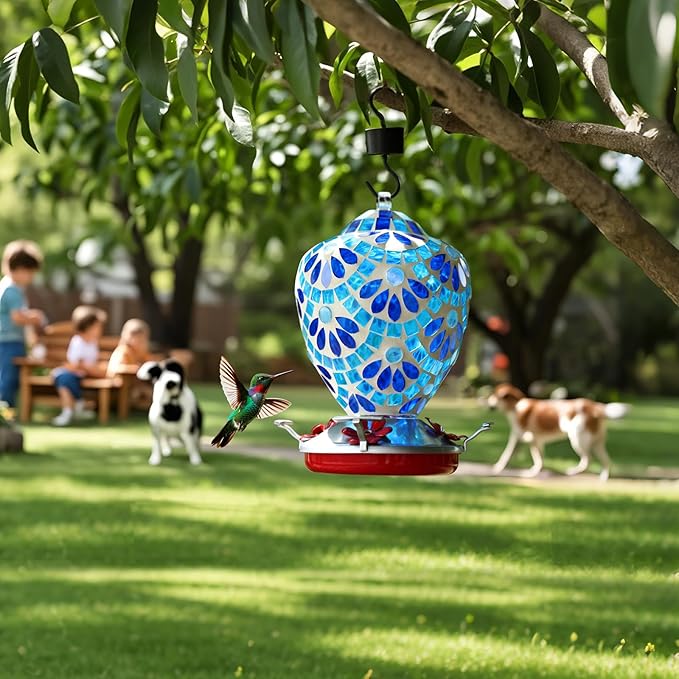 VOREEN Glass Mosaic Hummingbird Feeders, 34OZ with Ant Moat & 4 Feeding Ports, Hand Blown Glass Outdoor Hanging Bird Feeder, Porch Garden Backyard Decor, Gift for Mom Wife Friend, Blue Flowers Design