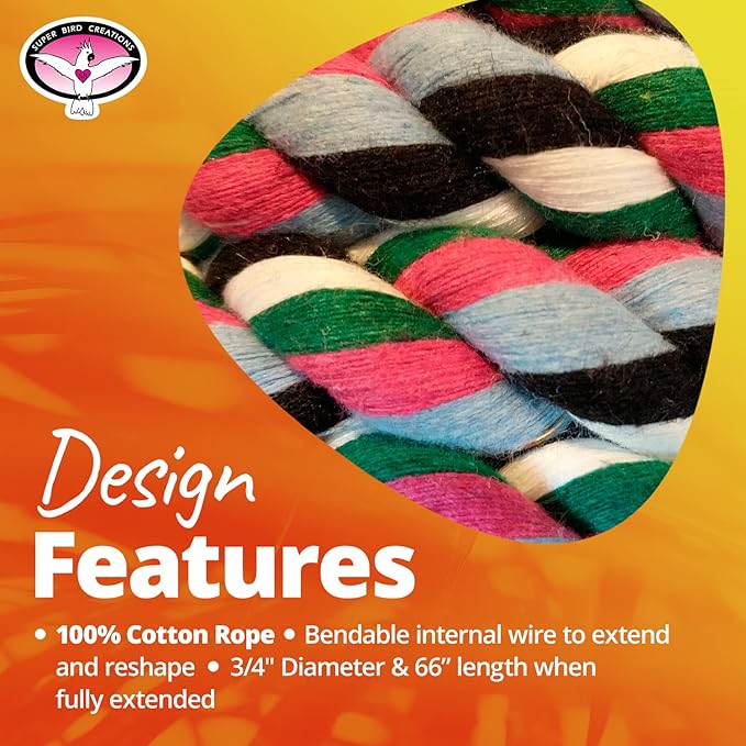 Super Bird Creations SB324 Colorful Cotton Rope Bungee Bird Toy, Medium Bird Size, 3/4" Diameter x 66"