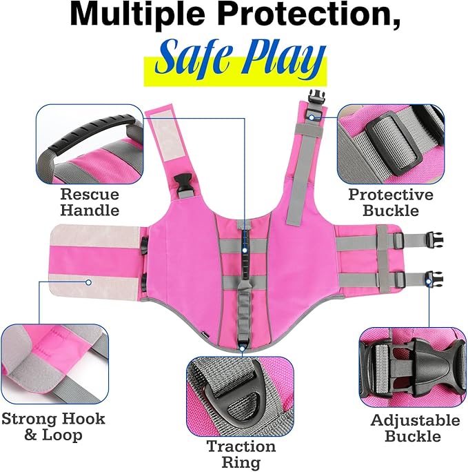 Pawaboo Dog Life Jacket, Reflective Dog Safety Vest Adjustable Pet Life Preserver with Strong Buoyancy & Sturdy Rescue Handle, Ripstop Dog Lifesaver Vests for Swimming, Boating, L, Pink