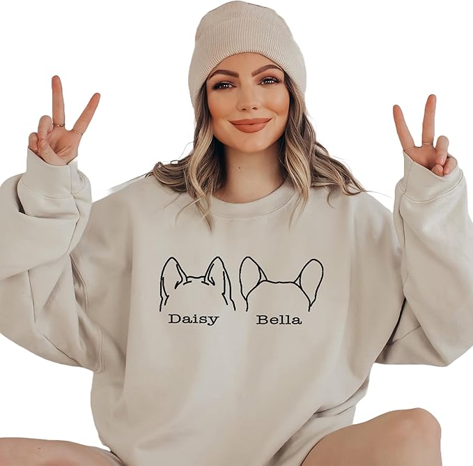 Custom Dog Mom Shirt for Women Pet Ears Sweatshirt with Name Unique Puppy Line Art Cute Dad Hoodie for DogDad Owner Lover