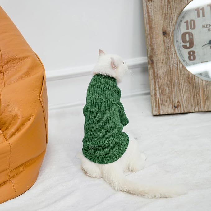 EXPAWLORER Cat Sweater Cardigan - Stylish Knitted Cat Clothes, British Style Soft Puppy Sweater with Sleeve Warm Pet Clothing Knitwear, Fall and Winter Kitten Coat for Girl Boy Cats, Green Large