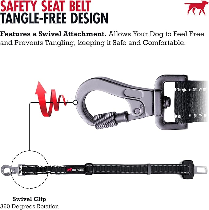 Tuff Pupper Dog Seat Belt | Adjustable Length Dog Seatbelt Restraint | Tangle-Free Locking Carabiner | Shock-Absorbing Bungee | Reflective Stitching for Visibility | Universal Fit for Cars & Trucks