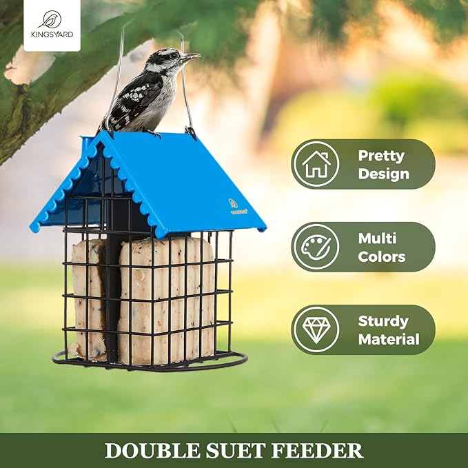 Kingsyard Double Suet Bird Feeder with Weatherproof Roof & Perch, All Metal, Suet Cakes Cage Bird Feeder for Outdoors Hanging, Easy to Clean & Refill, Blue
