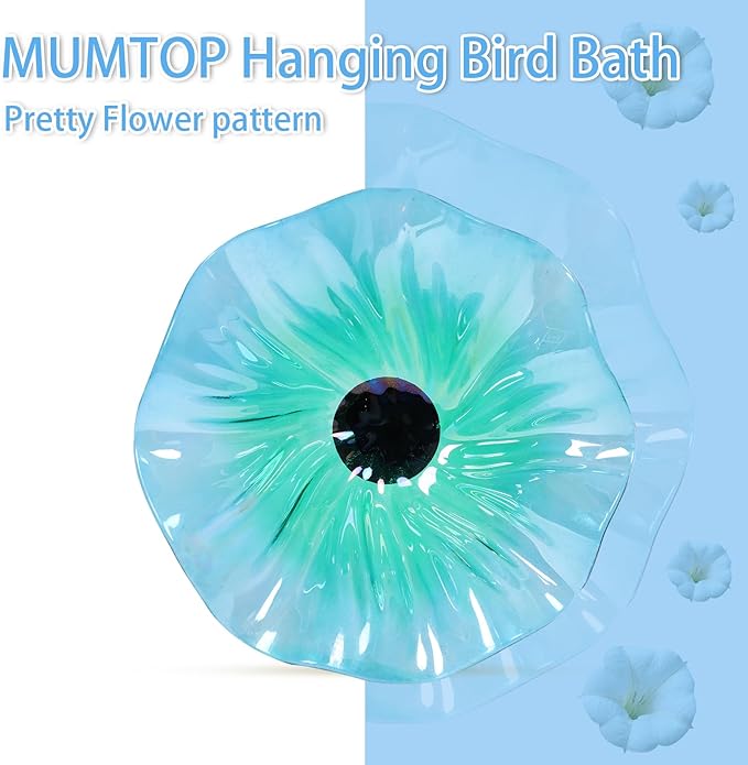 MUMTOP Hanging Bird Bath-Bird Baths for Outdoors - Flower Glass Bird Water Bowl with Hanging Circle, Bird Feeders for Outside, Garden, Lawn Yard Decor（Cyan）